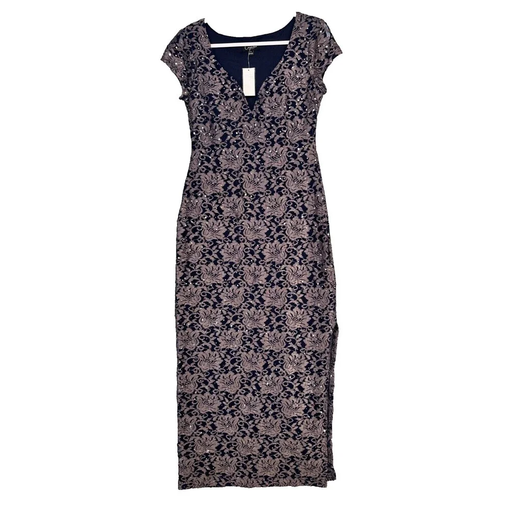 connected lace sheath dress Connected Plus Size V-Slit-Neck Sequin Lace Sheath Dress